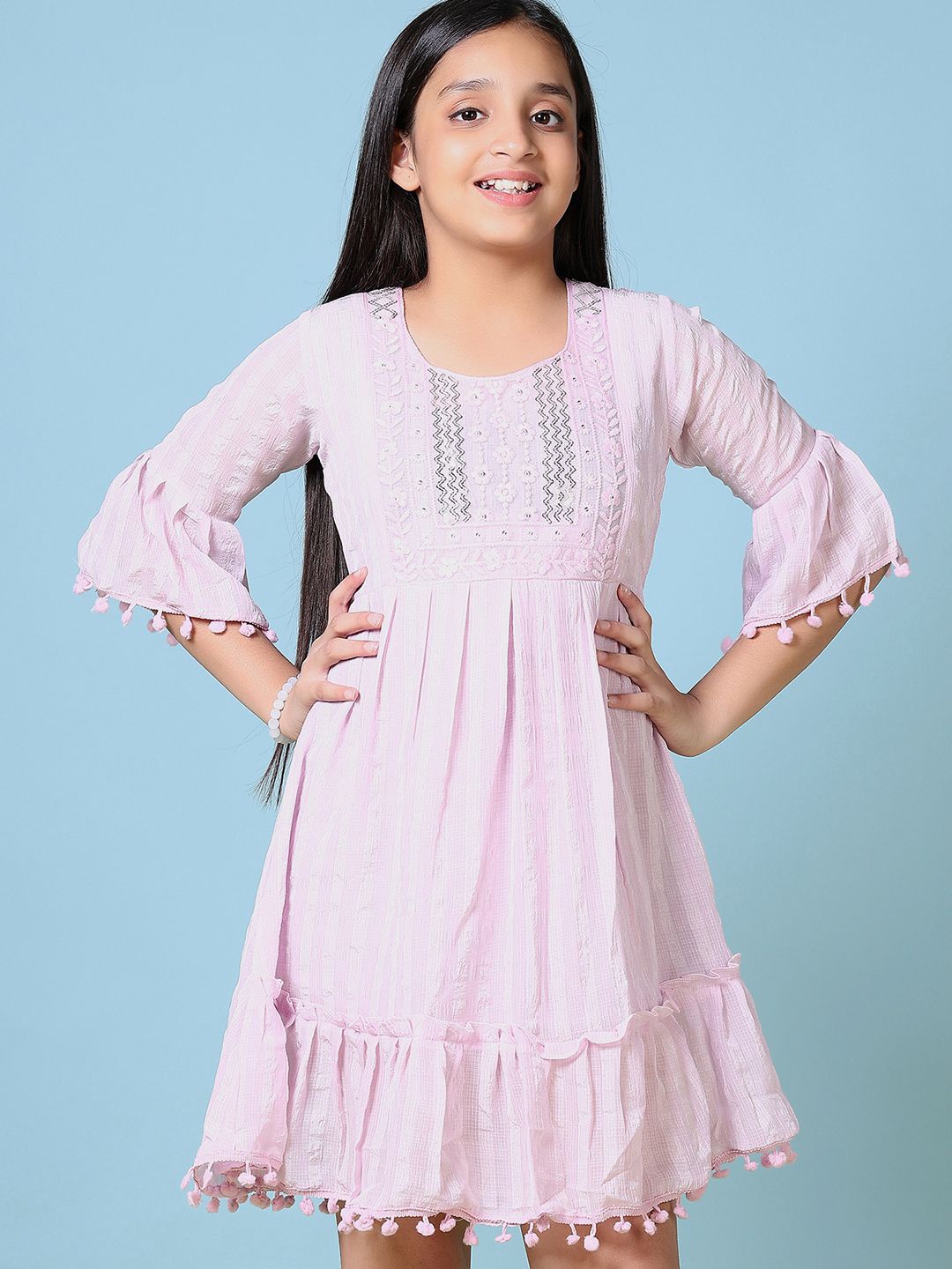 

V-Mart Girls Round Neck Bell Sleeve Fit & Flare Dress, Purple