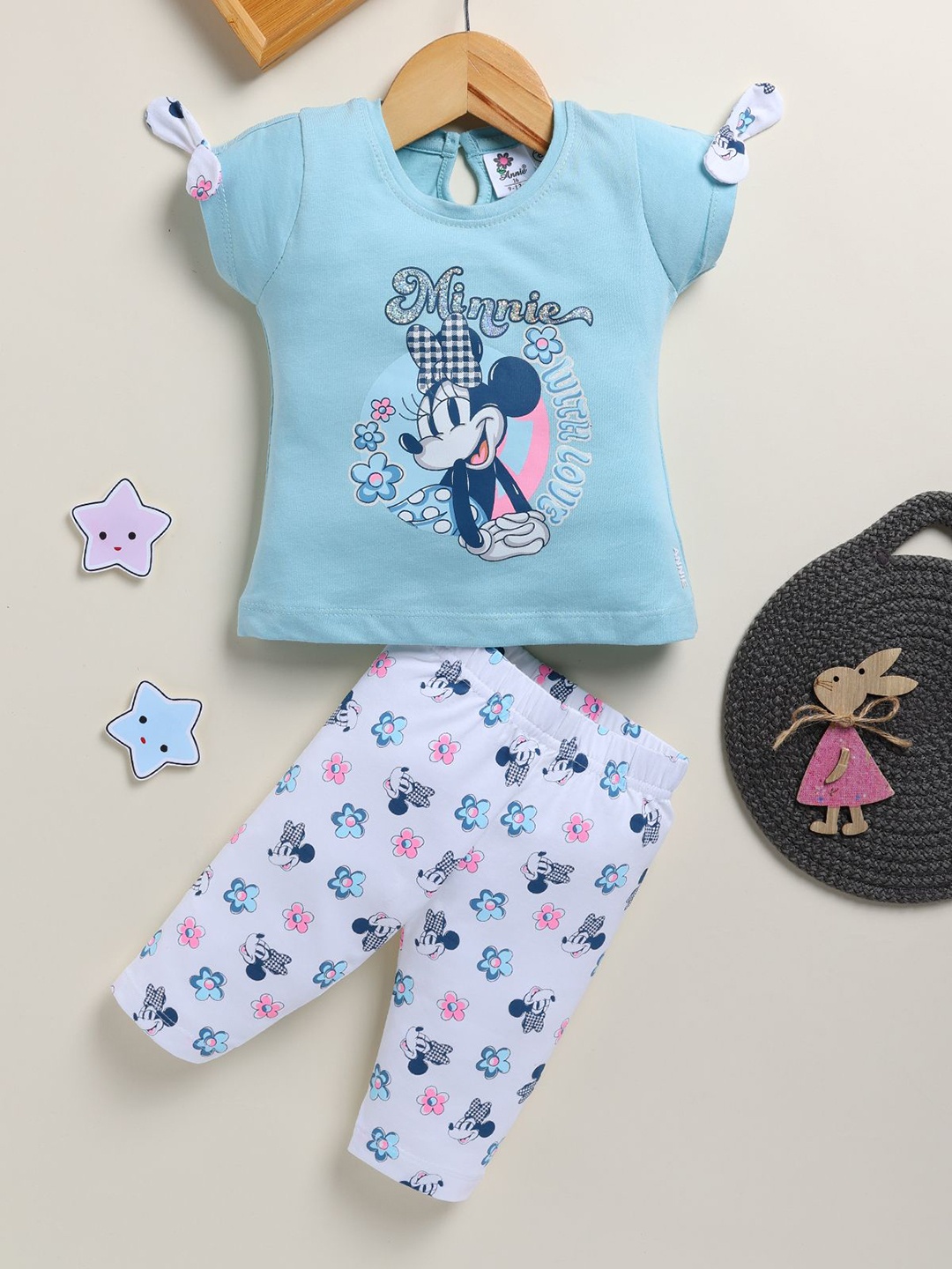 

Annie Girls Minnie Mouse Printed Pure Cotton Top With Trousers, Blue