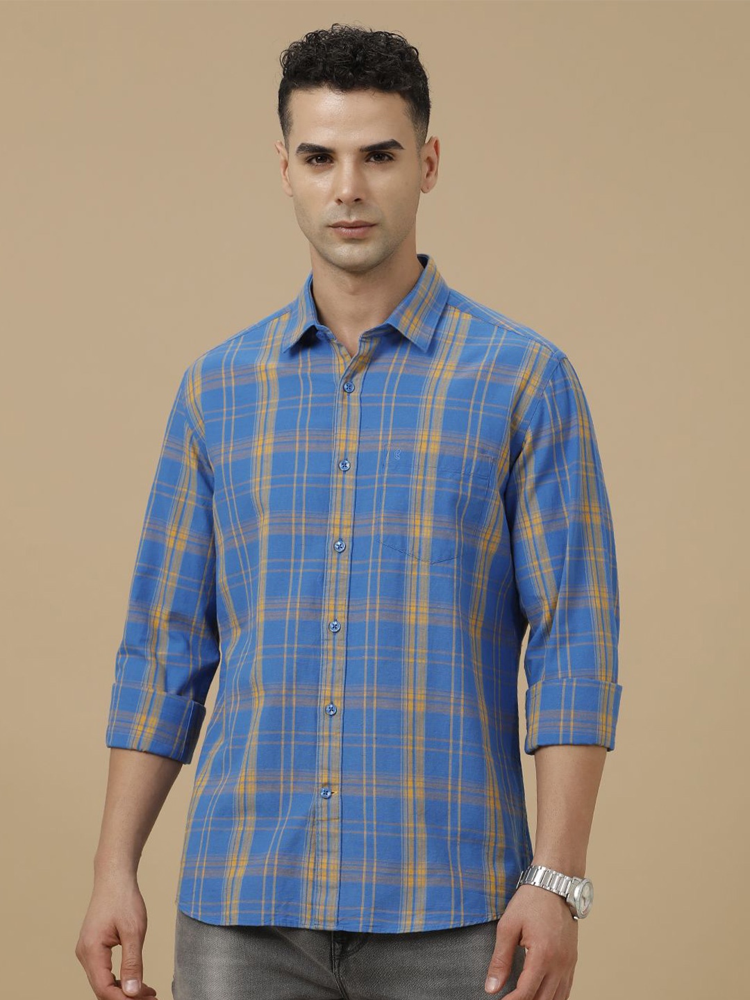 

CAVALLO by Linen Club Contemporary Slim Fit Tartan Checked Casual Shirt, Blue