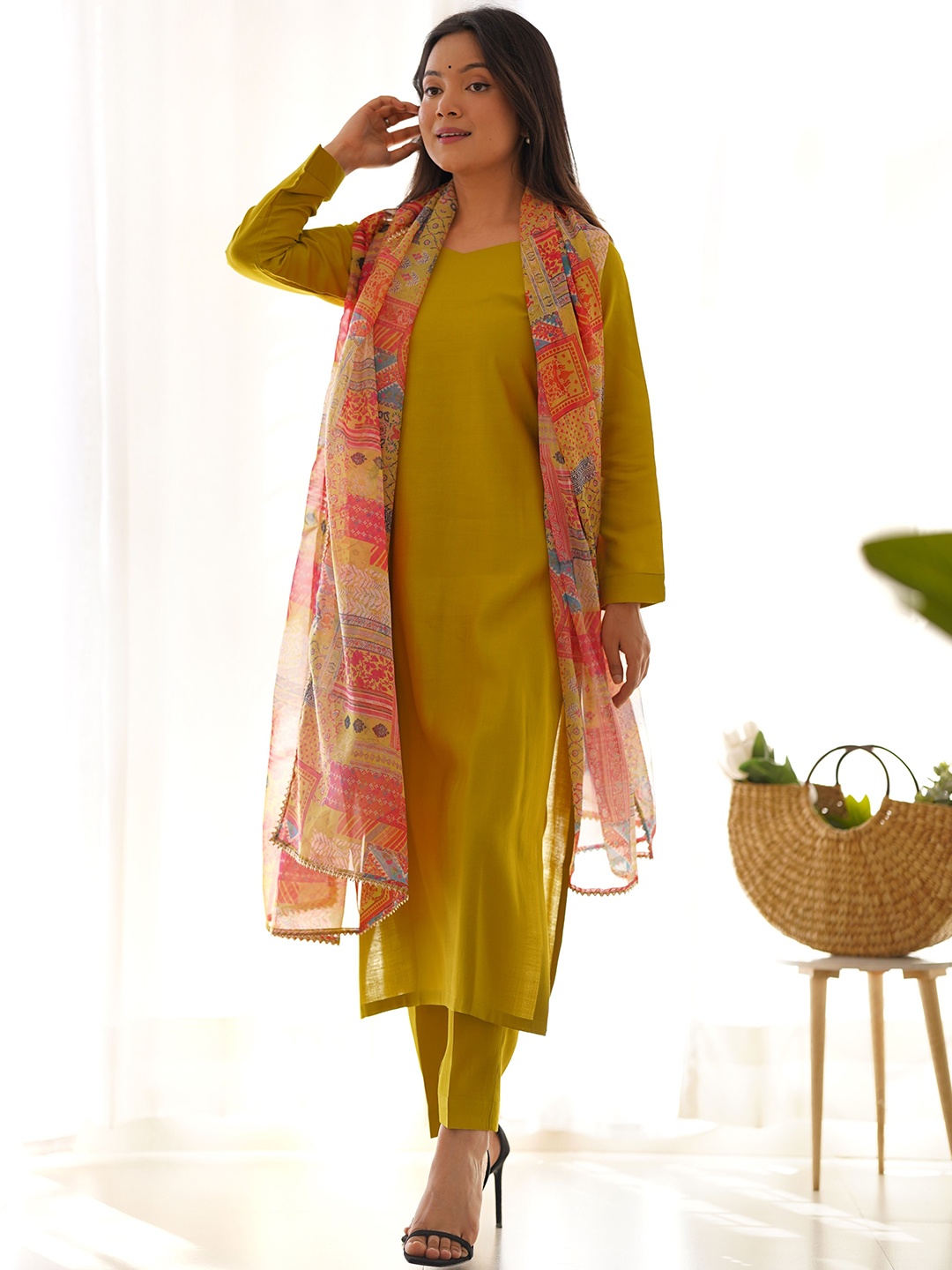 

KALINI Square Neck Straight Kurta with Trousers & Dupatta, Mustard