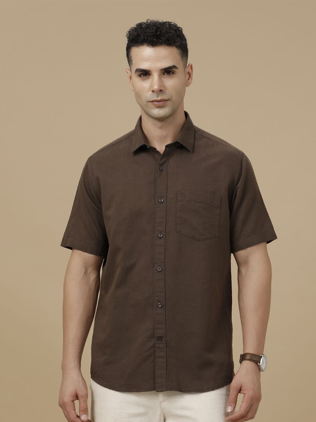 

Linen Club Linen Contemporary Slim Fit Casual Shirt, Brown