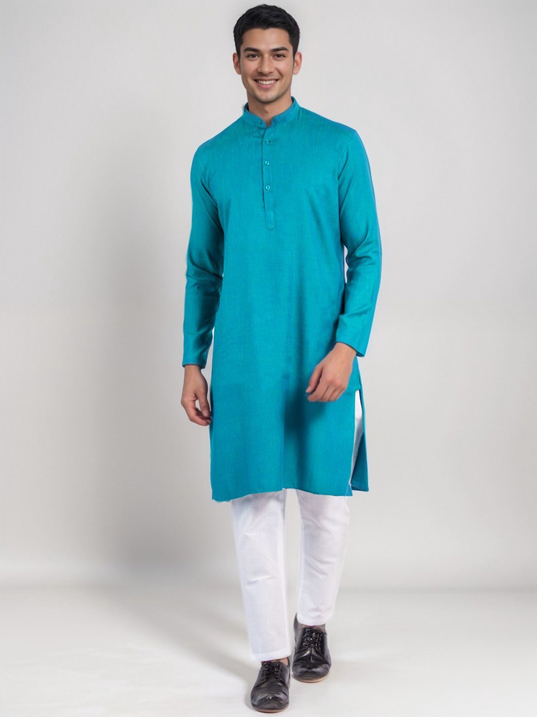 

DEVOILER Mandarin Collar Straight Kurta, Turquoise blue