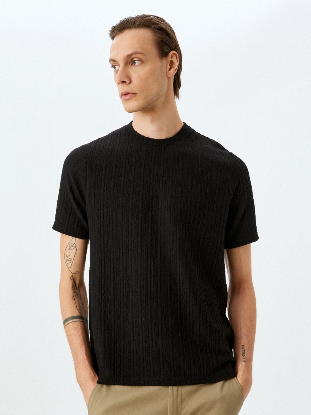 

Koton Men Self Design Round Neck Cotton T-shirt, Black