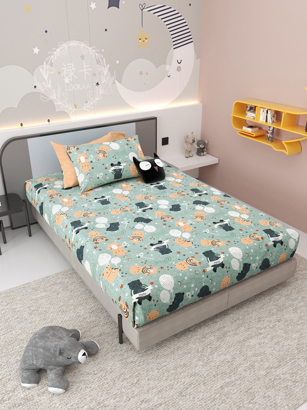 

Jinaya's Green Teddy Printed Pure Cotton 300 TC Single Bedsheet Set 2.28 x 1.52m