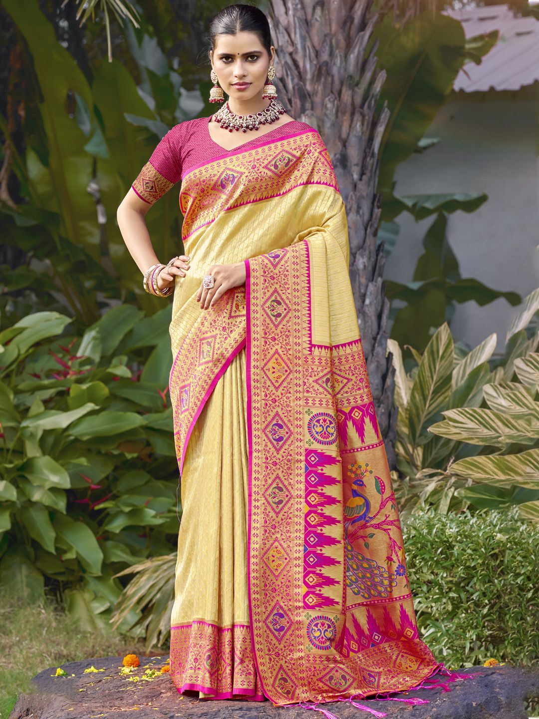 

SANGAM PRINTS Woven Design Zari Handloom Tussar Saree, Cream