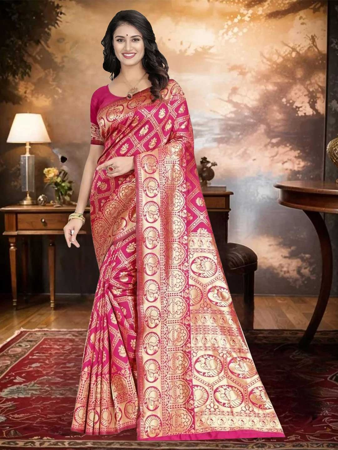 

KALINI Ethnic Motifs Woven Design Zari Banarasi Designer Saree, Pink