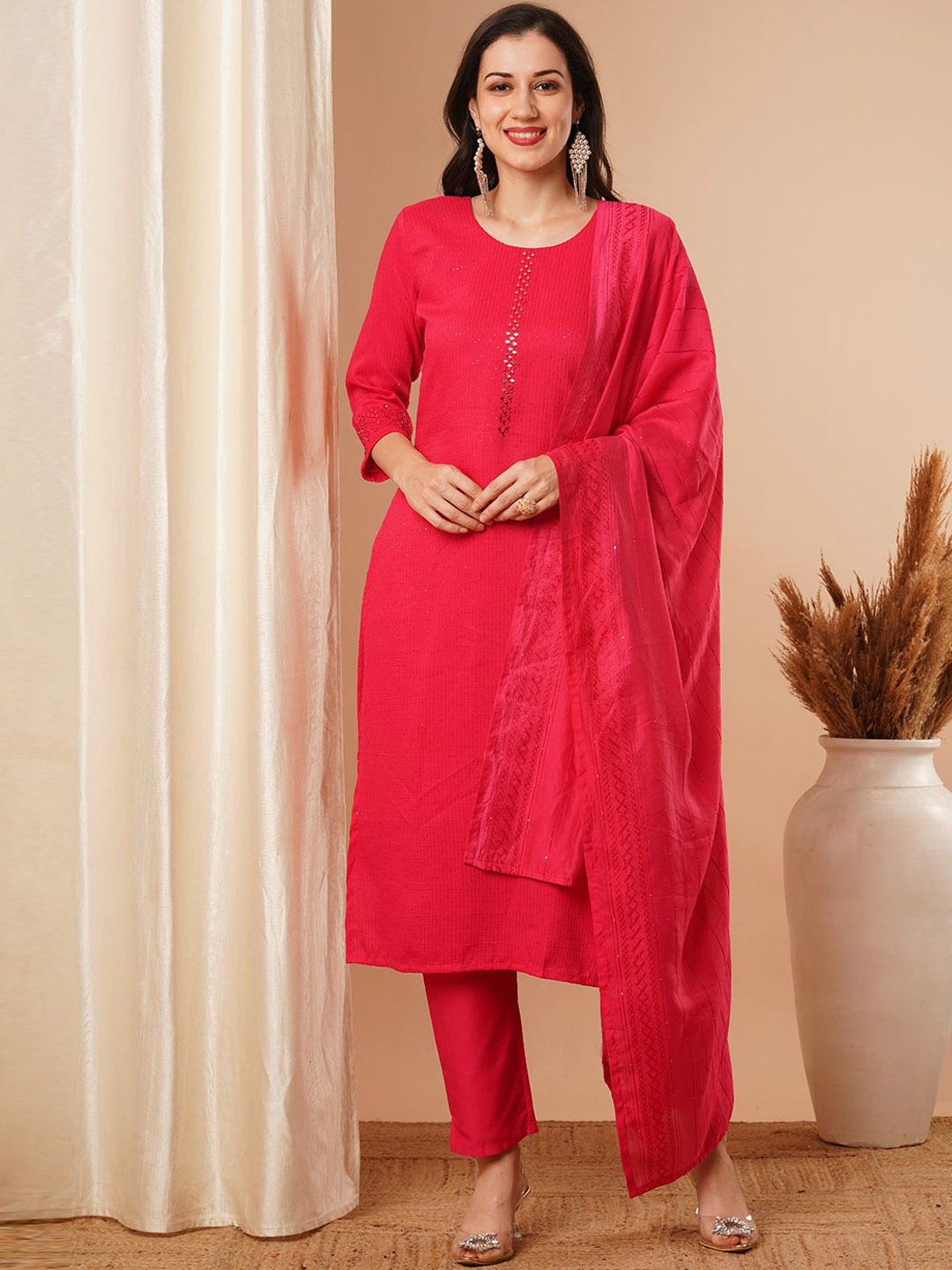 

FASHOR Striped Embroidered Mirror Work Kurta with Trouser & Dupatta, Pink