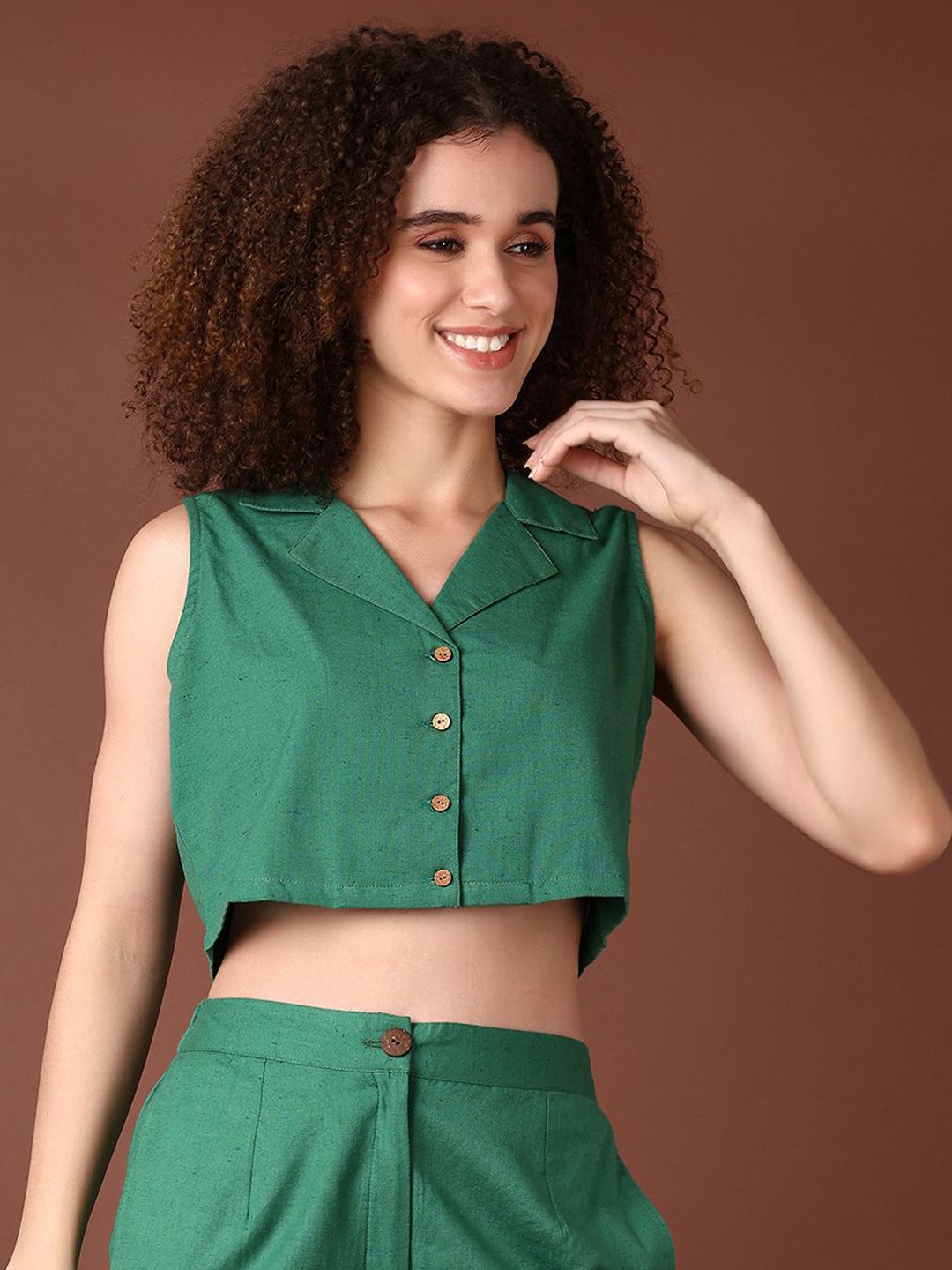 

V-Mart Notched Lapel Collar Top with Palazzo, Green