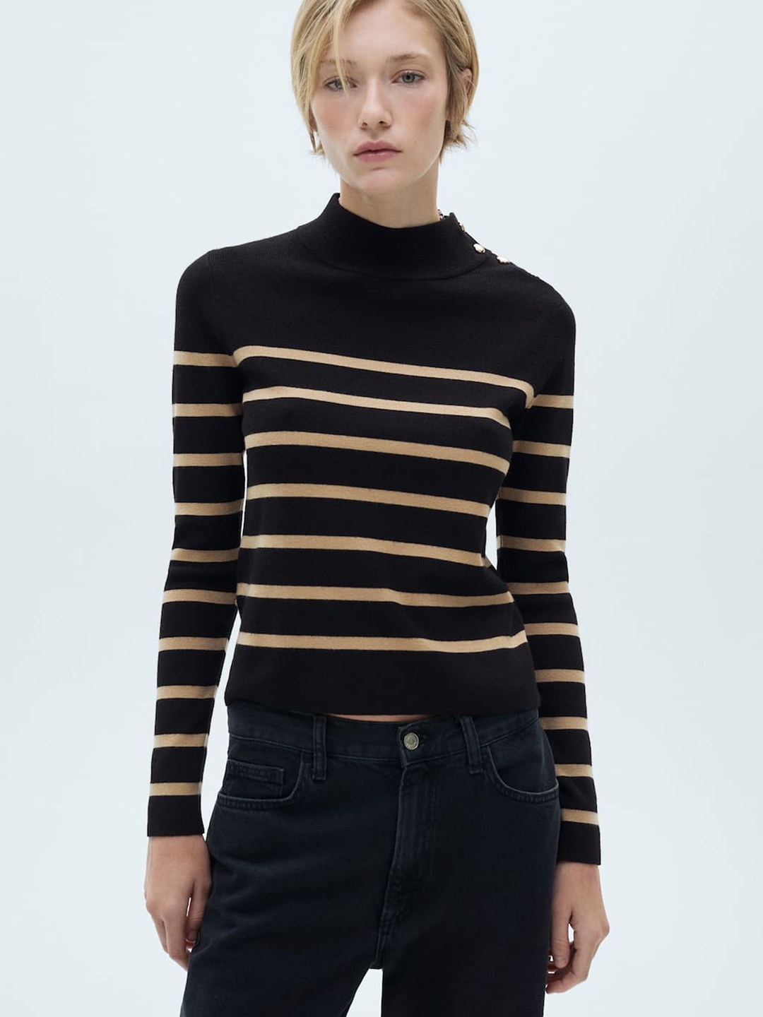 

MANGO Shoulder Button Striped Pullover, Black