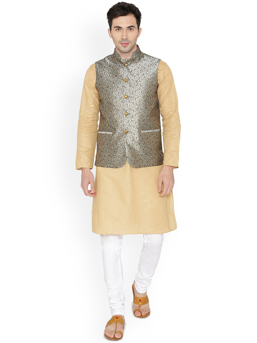 

Wintage Mandarin Collar Cotton Silk Straight Kurta with Pyjamas & Nehru Jacket, Cream