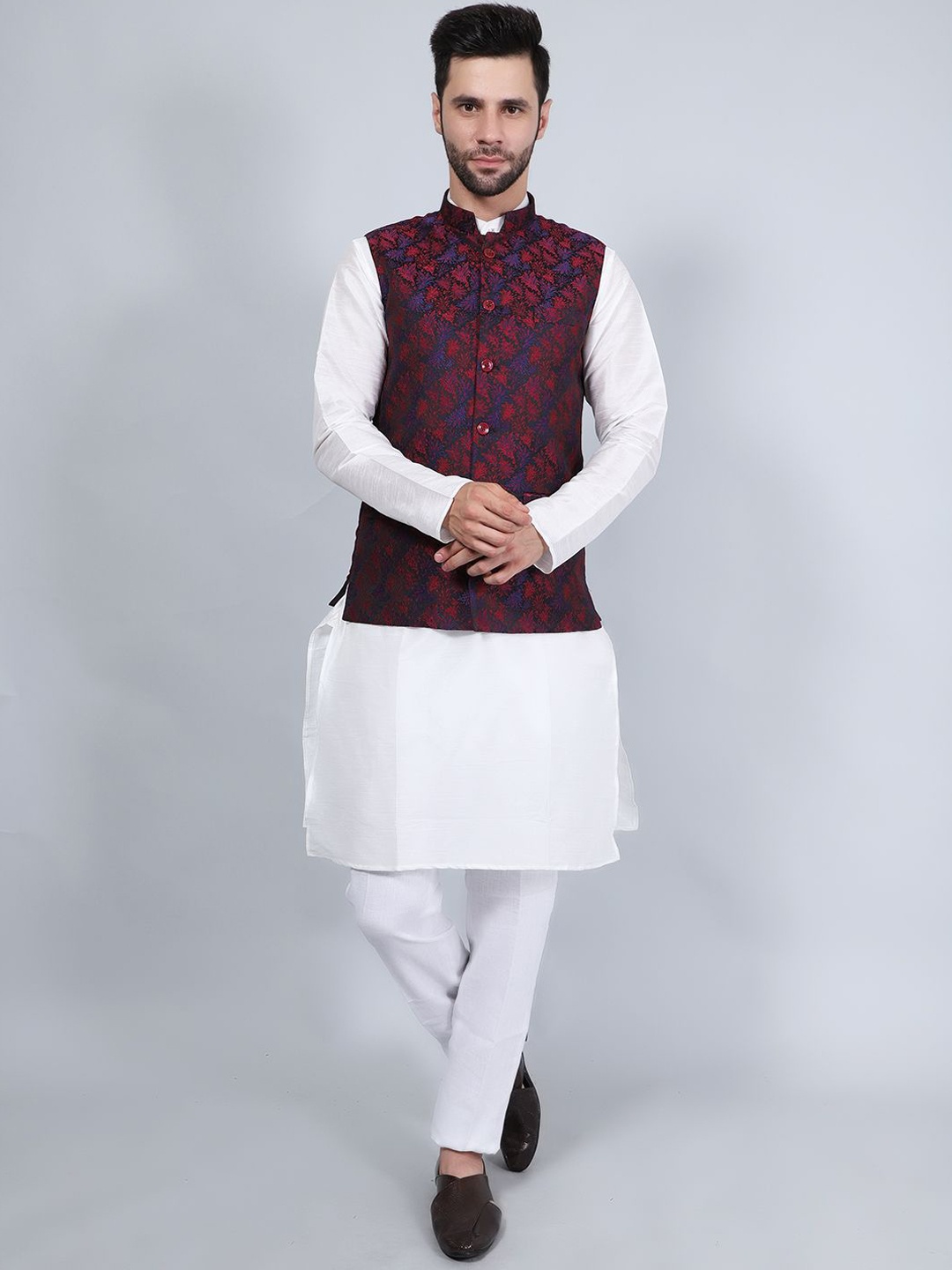 

Wintage Mandarin Collar White Romance Straight Kurta with Pyjamas & Nehru Jacket