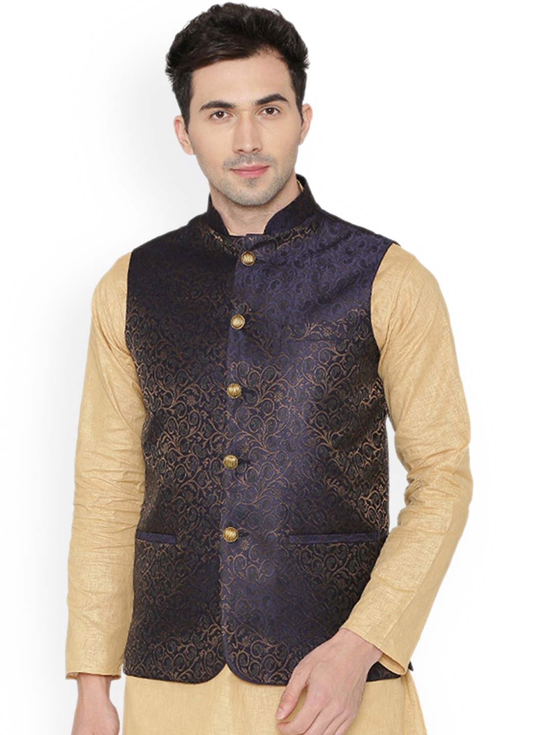 

Wintage Mandarin Collar Straight Kurta with Pyjamas & Nehru Jacket, Cream