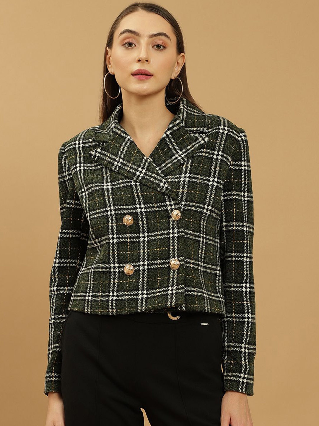 

Beatnik Checked Double Breasted Deep Lapel Blazer, Green