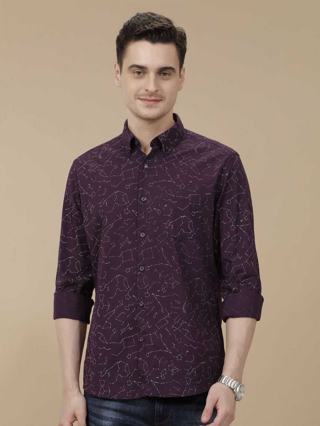 

CAVALLO by Linen Club Contemporary Slim Fit Conversational Printed Casual Shirt, Purple