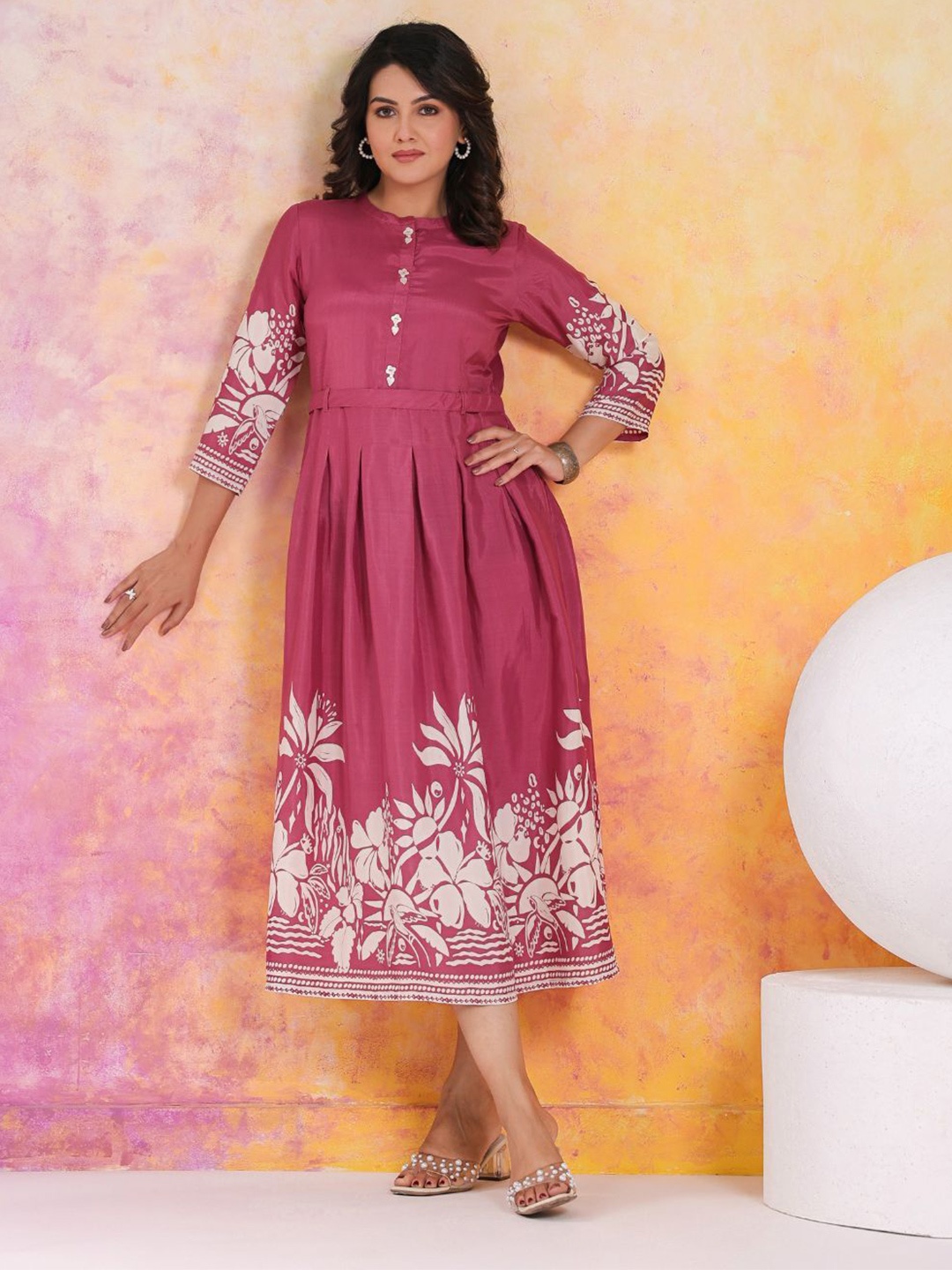 

Kaftanize Women Floral Printed A-Line Dress, Mauve