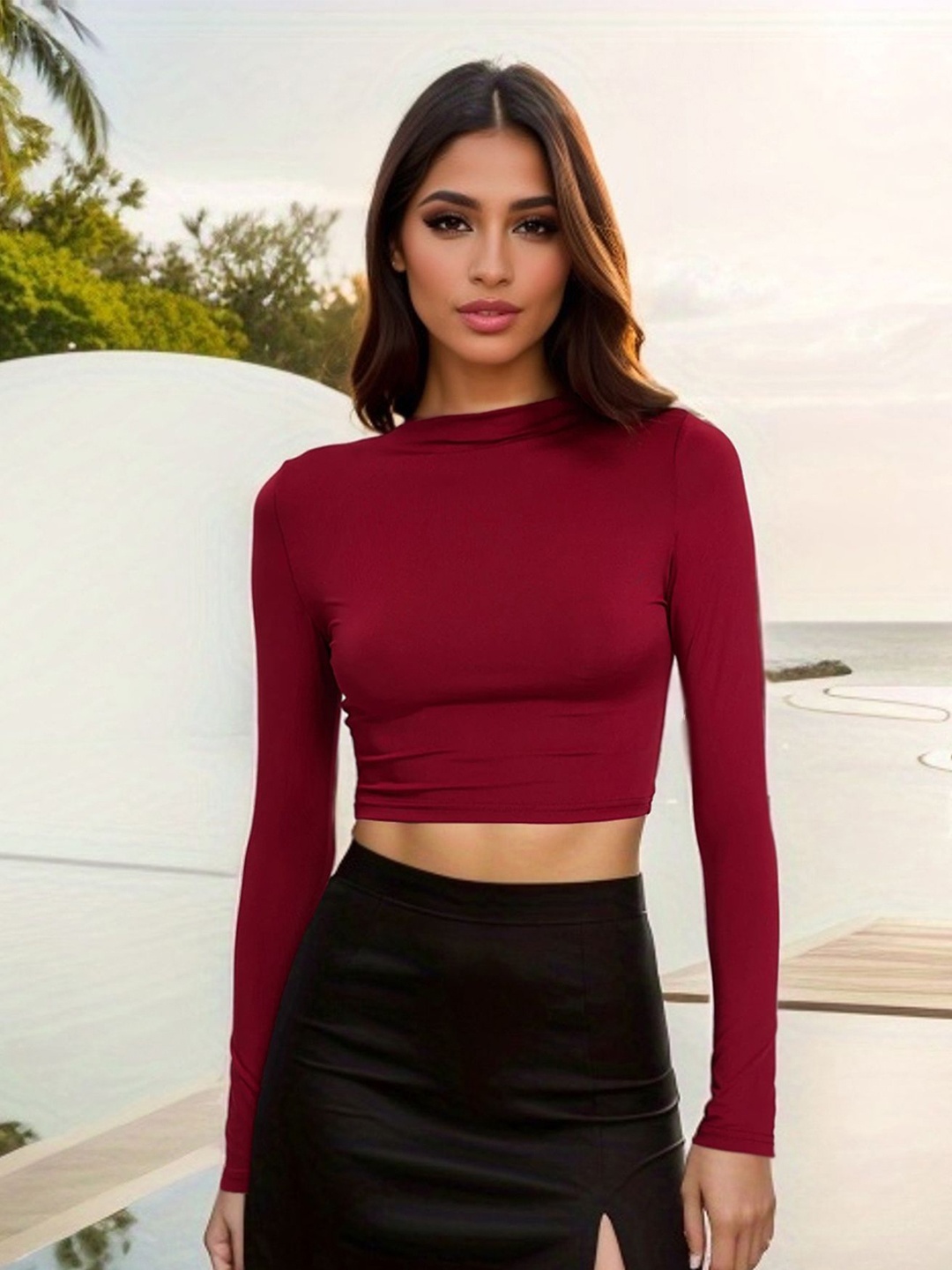 

StyleCast x Revolte Women Boat Neck Fitted Crop Top, Maroon