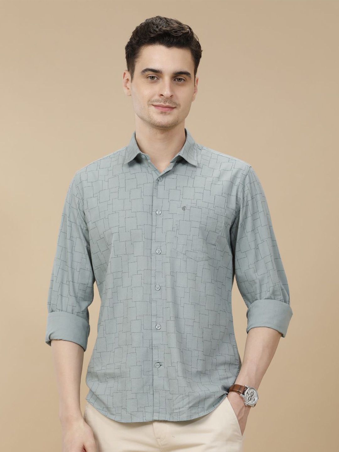 

CAVALLO by Linen Club Contemporary Slim Fit Geometric Printed Casual Shirt, Green