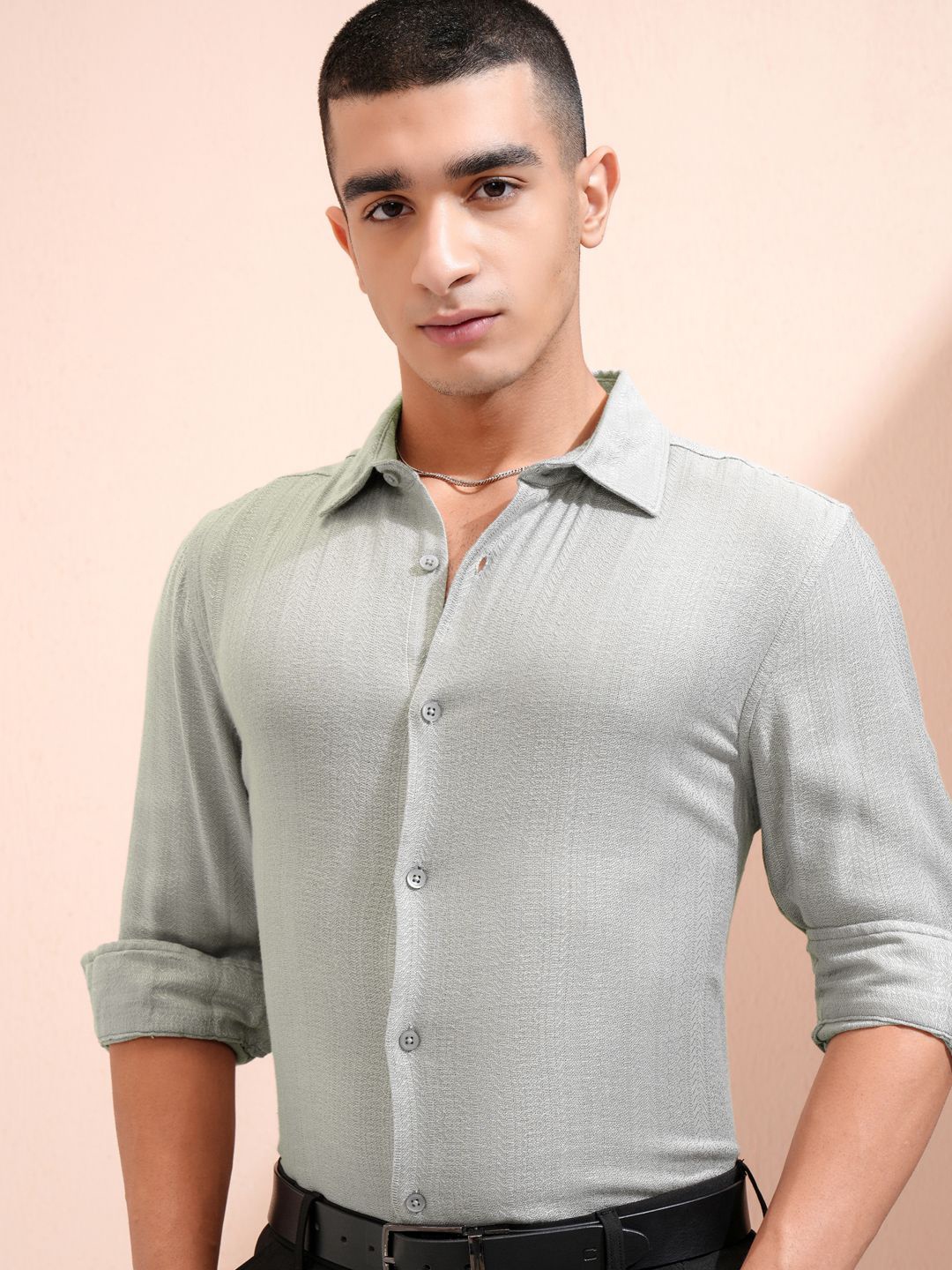 

HIGHLANDER Men Dobby Textured Relaxed Shirt, Grey