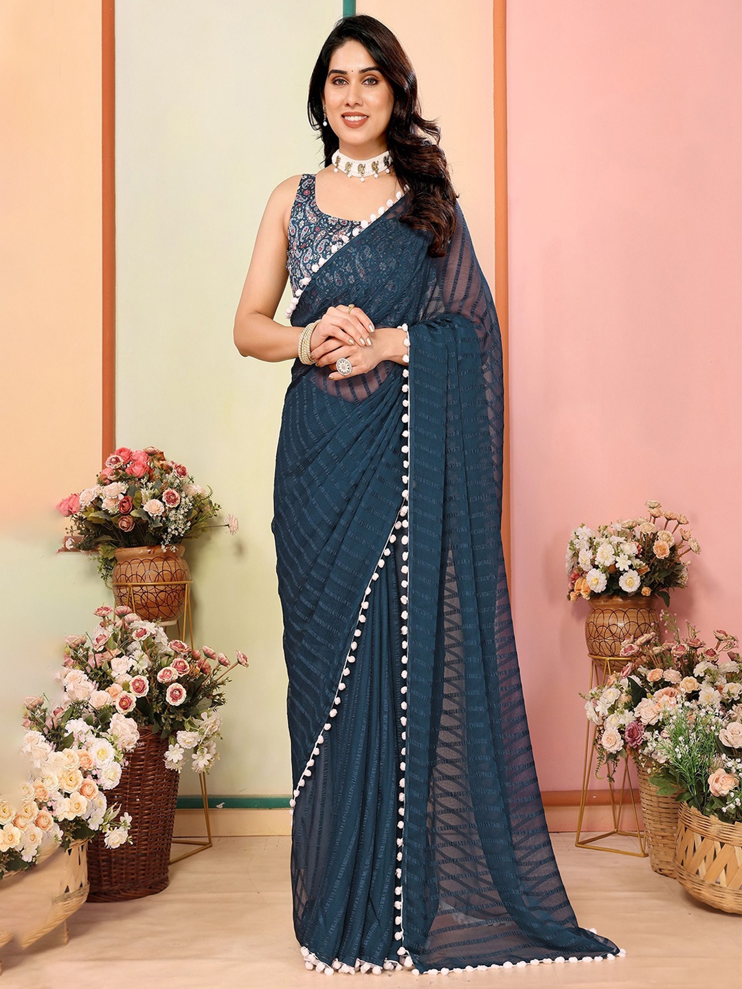 

CATCHY FOREVER Striped Poly Georgette Saree, Teal