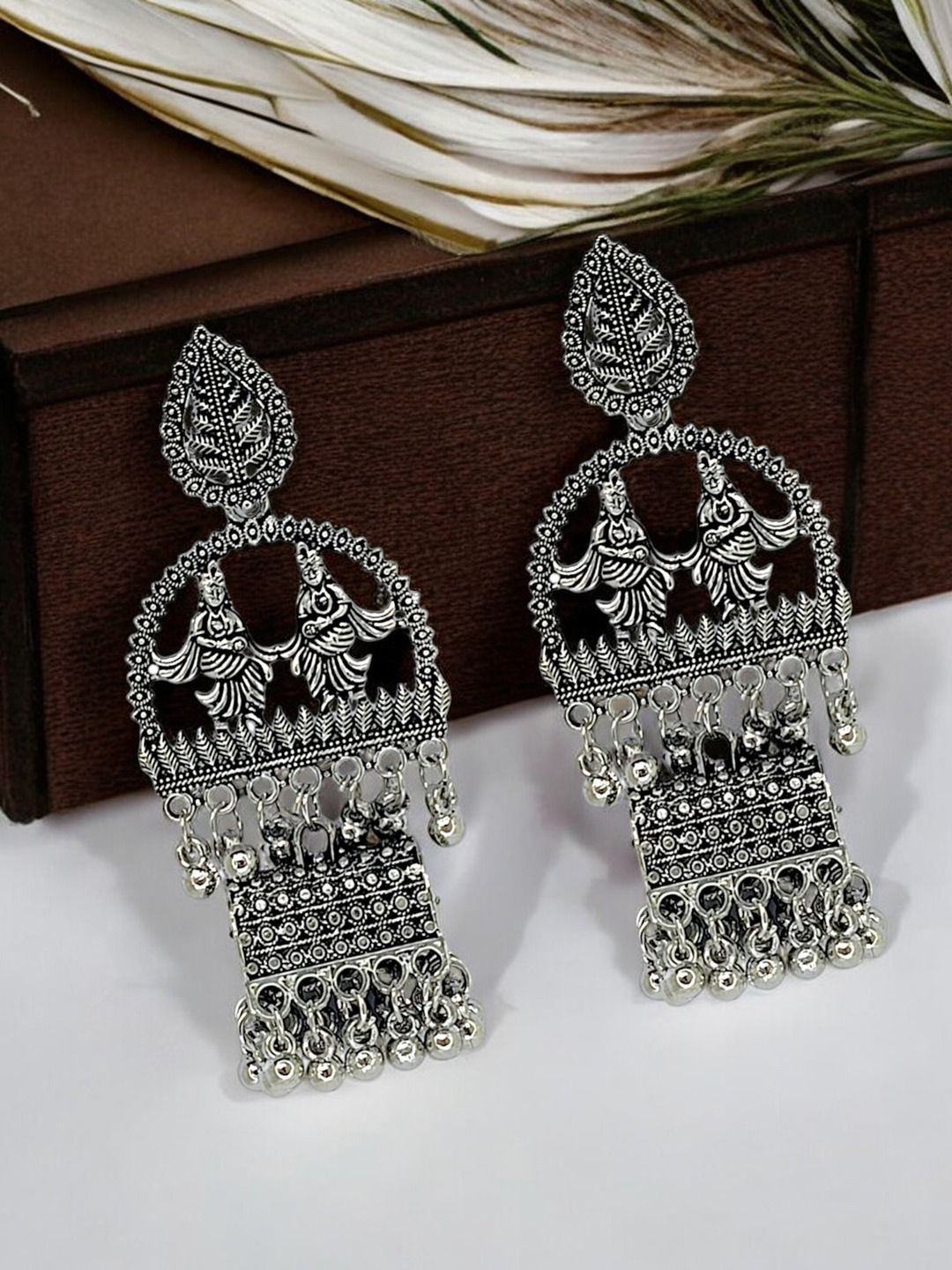 

FEMMIBELLA Silver-Plated Stone Studded Oxidised RadhaKrishna Drop Earrings