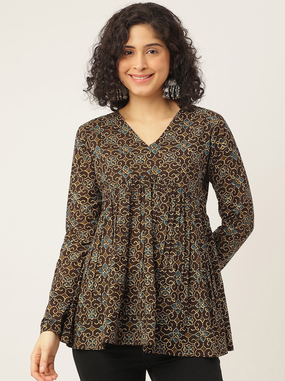 

SPARSA Floral Print Extended Sleeves Cotton Peplum Top, Brown