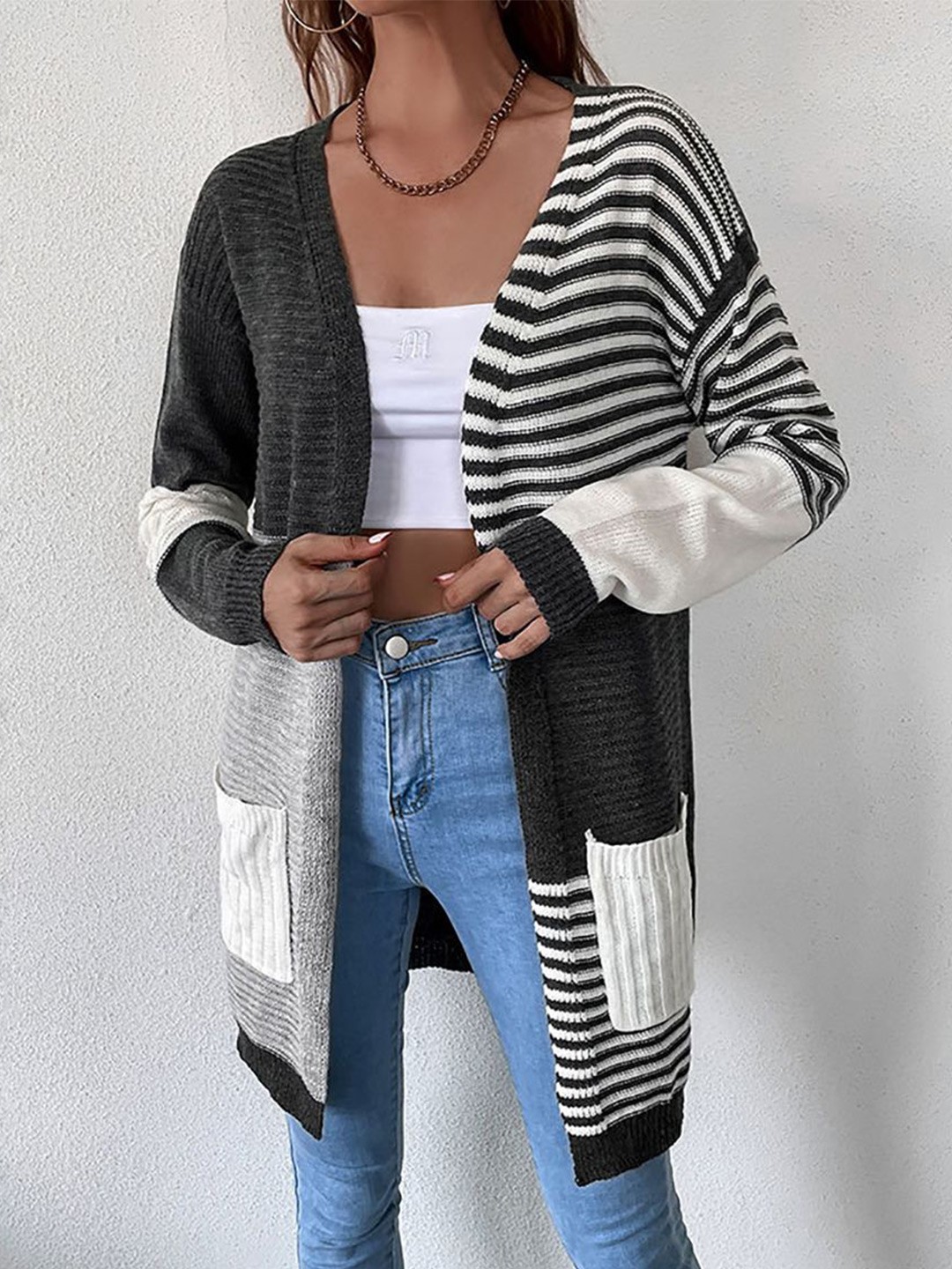 

StyleCast x Revolte Striped Open Front Longline Shrug, Grey
