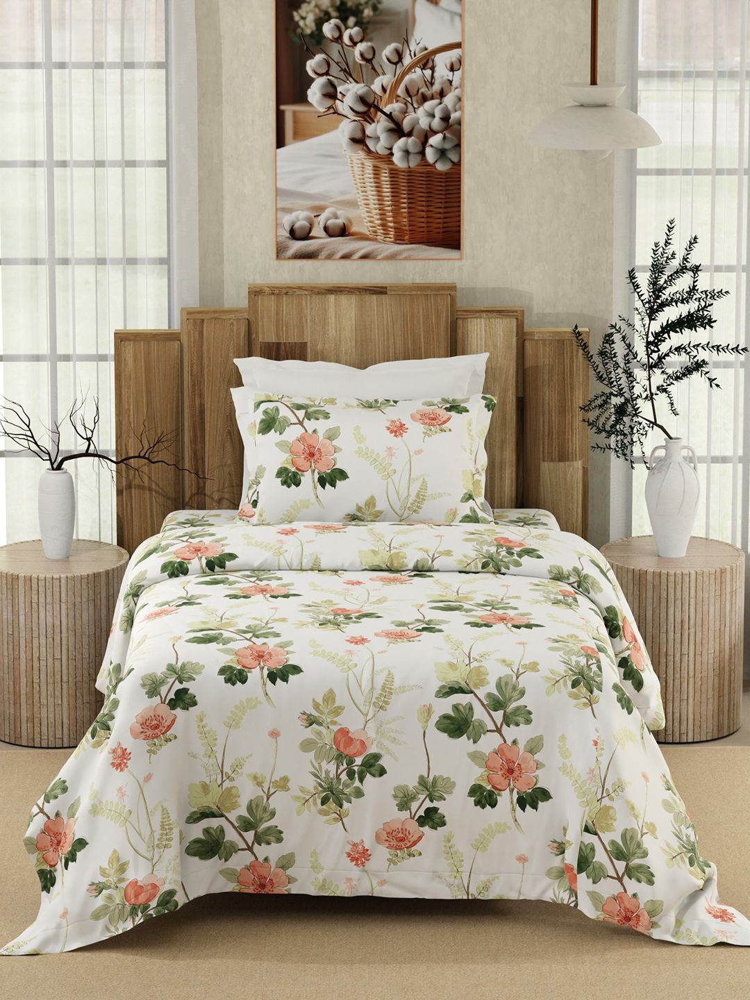 

Color Sense White & Orange Floral 200 TC Single Bedsheet with 1 Pillow Covers