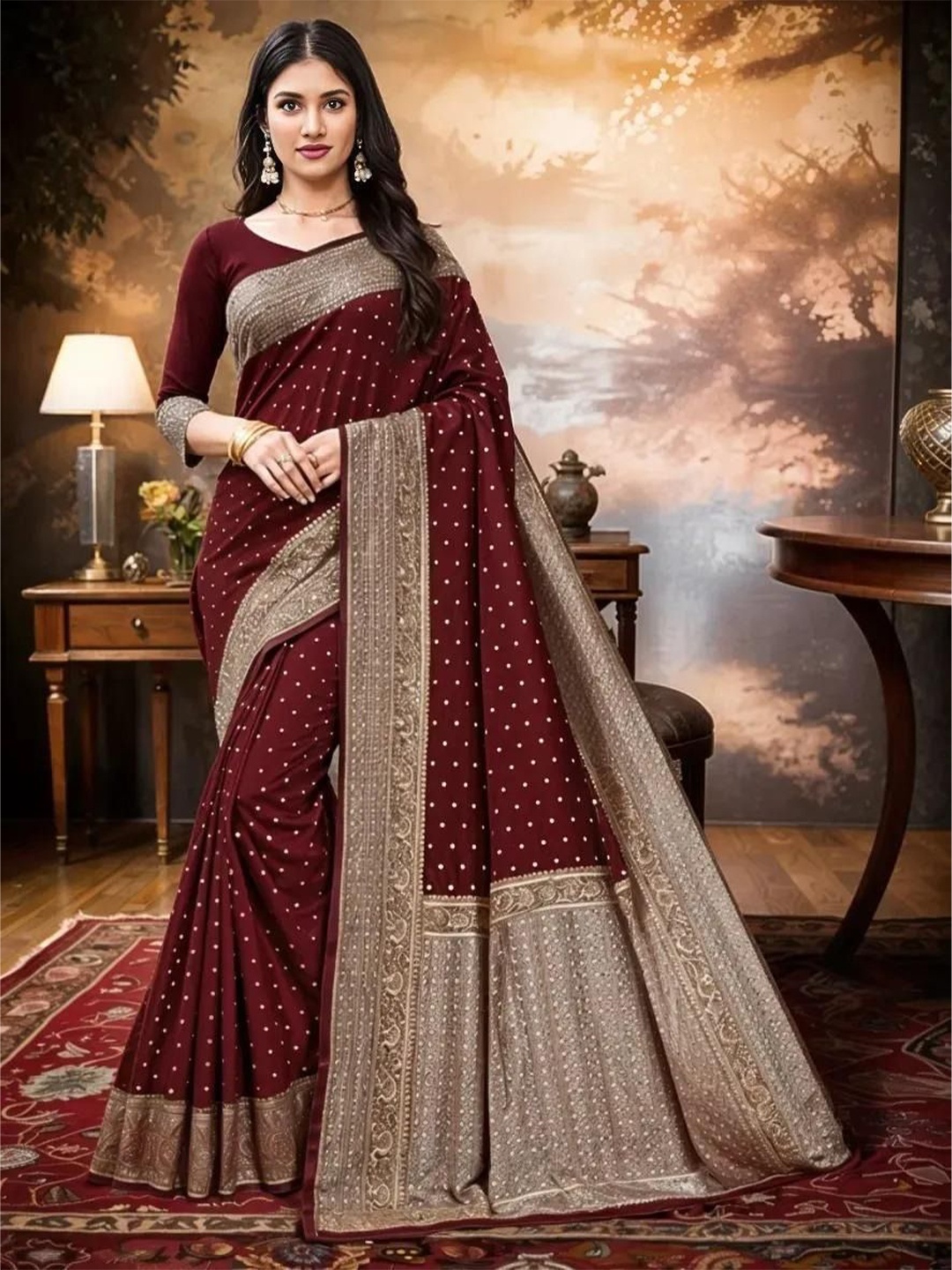 

KALINI Polka Dots Woven Design Zari Banarasi Designer Saree, Brown