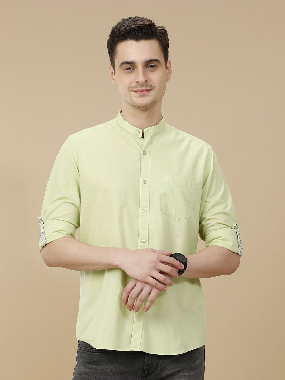 

CAVALLO by Linen Club Contemporary Slim Fit Mandarin Collar Roll-Up Sleeves Casual Shirt, Green