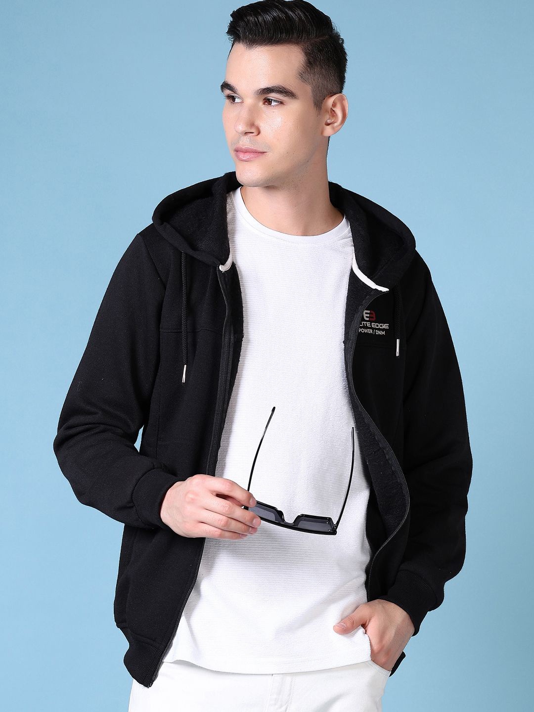 

V-Mart Men Cotton Printed Hooded Front-Open Sweatshirt, Black