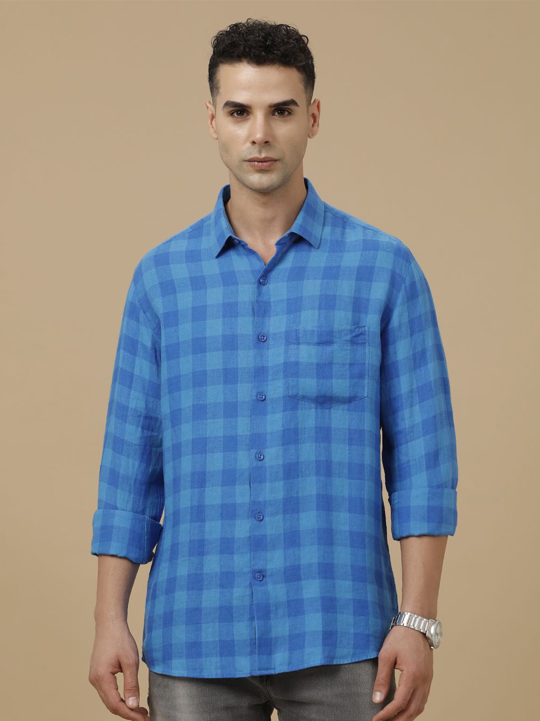 

Linen Club Contemporary Slim Fit Gingham Checked Pure Linen Casual Shirt, Blue