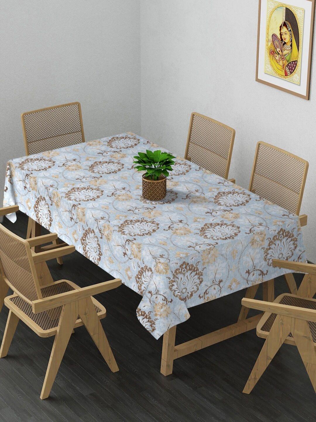 

Arrabi Blue & Brown Floral Printed 8-Seater Table Cover