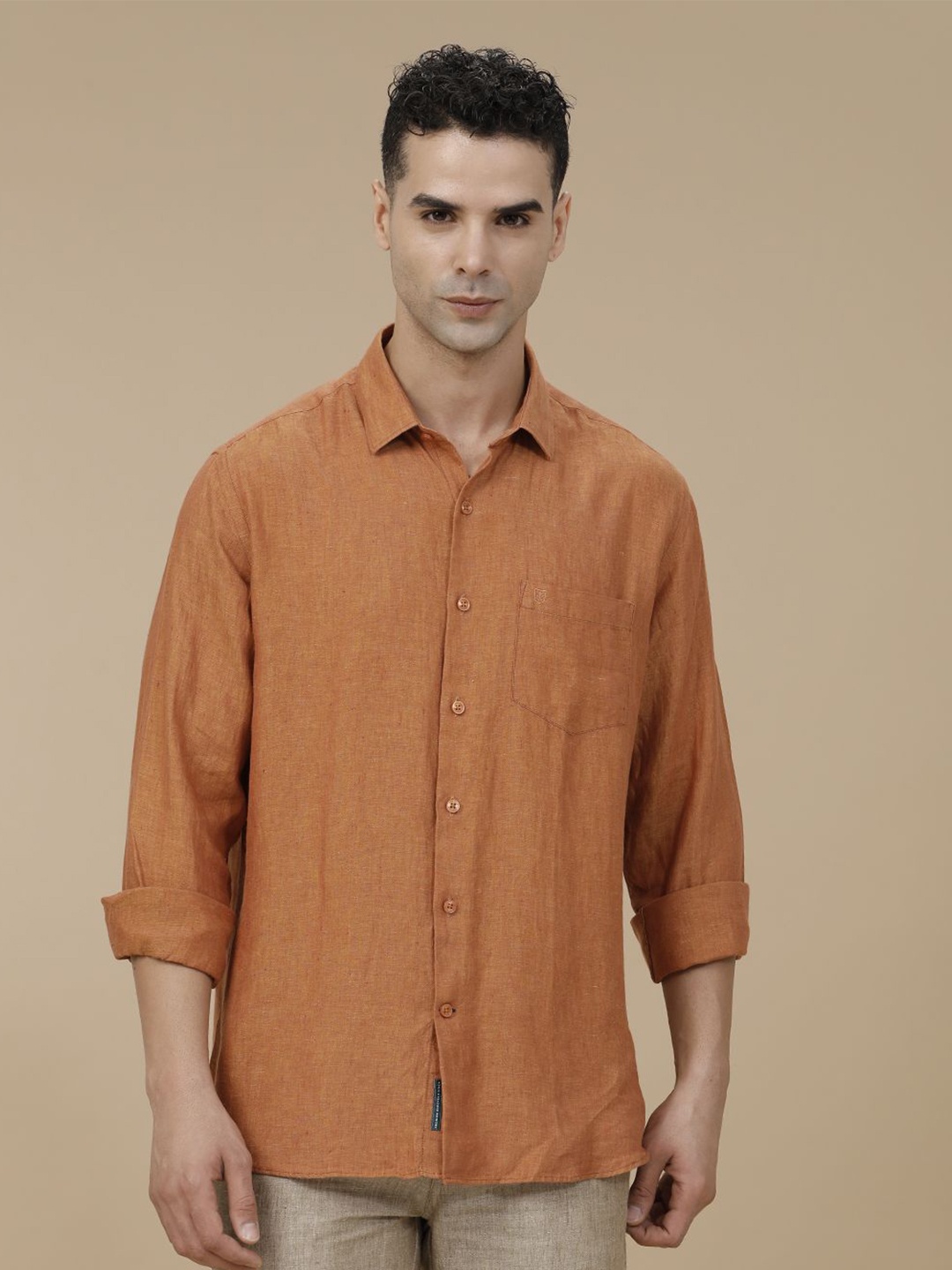 

Linen Club Contemporary Slim Fit Spread Collar Pure Linen Casual Shirt, Orange