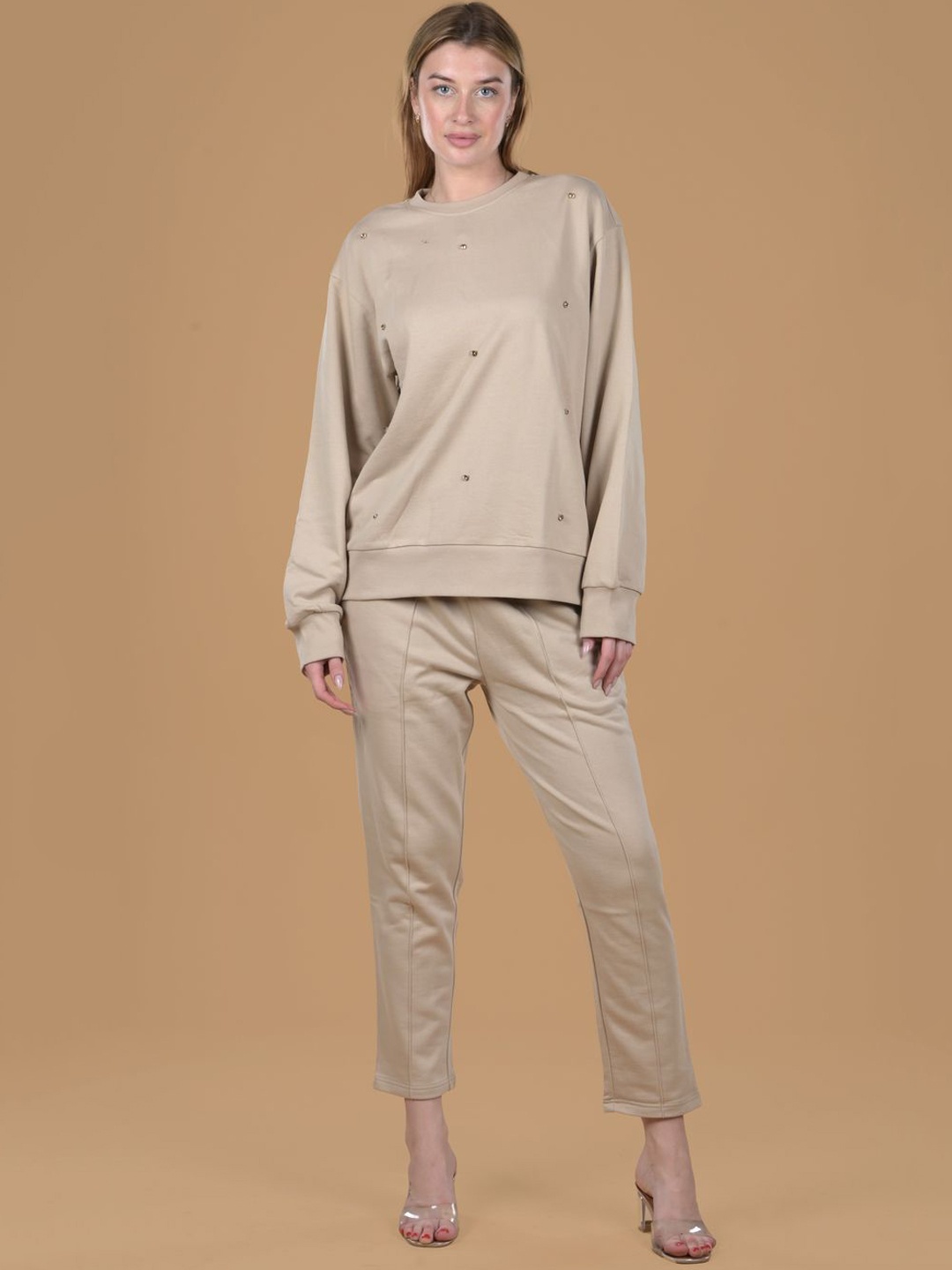 

Antimony Embellished Round Neck Sweatshirt with Trousers, Beige