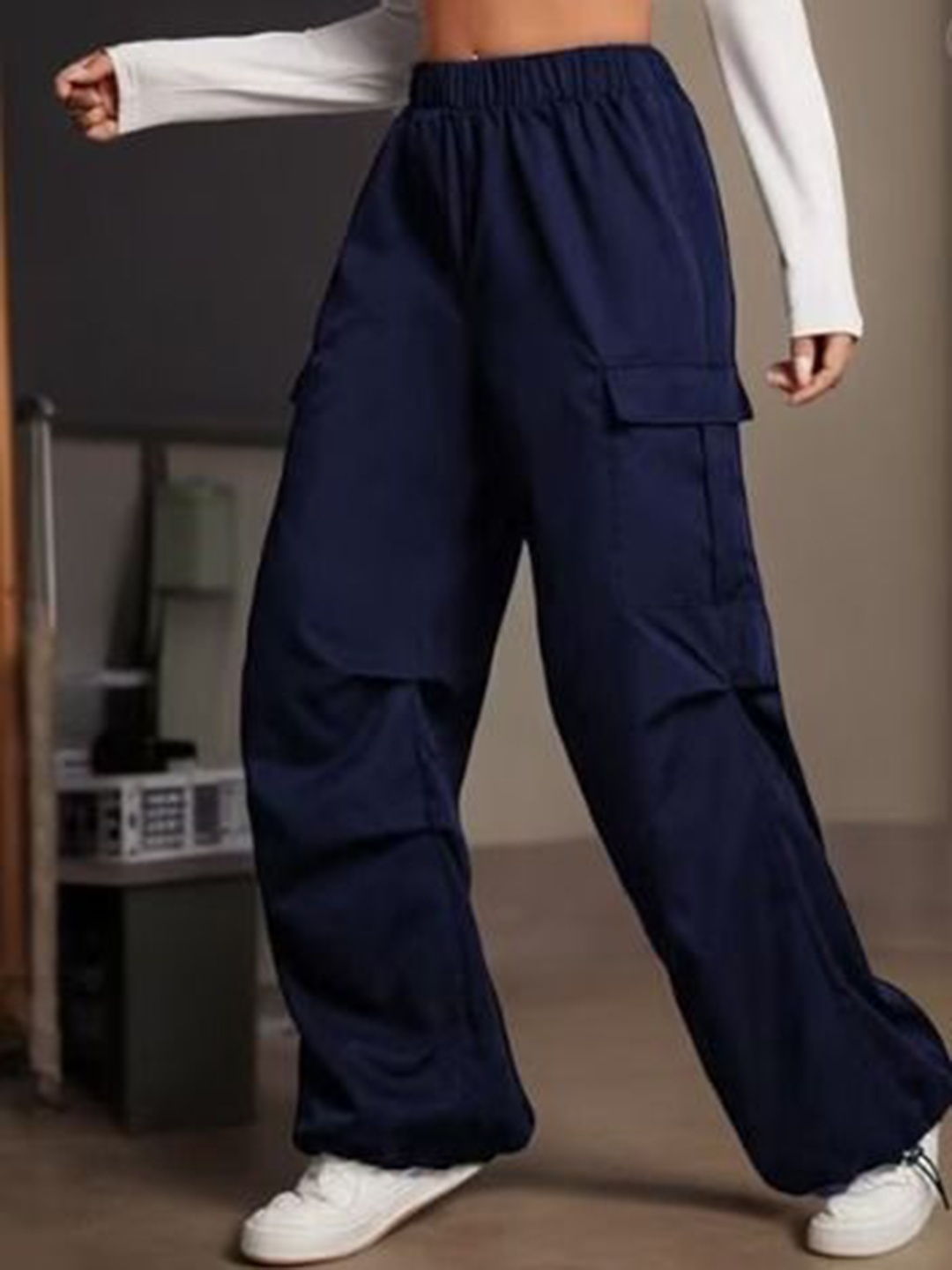 

Next One Women Smart High-Rise Cargos Baggy Trousers, Navy blue