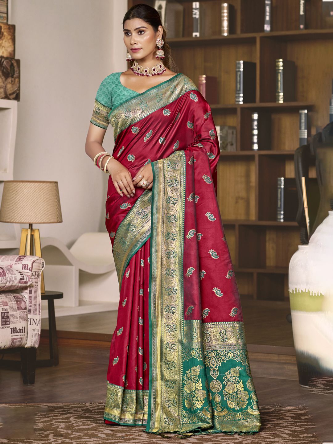 

SANGAM PRINTS Ethnic Motifs Woven Design Zari Tussar Saree, Magenta