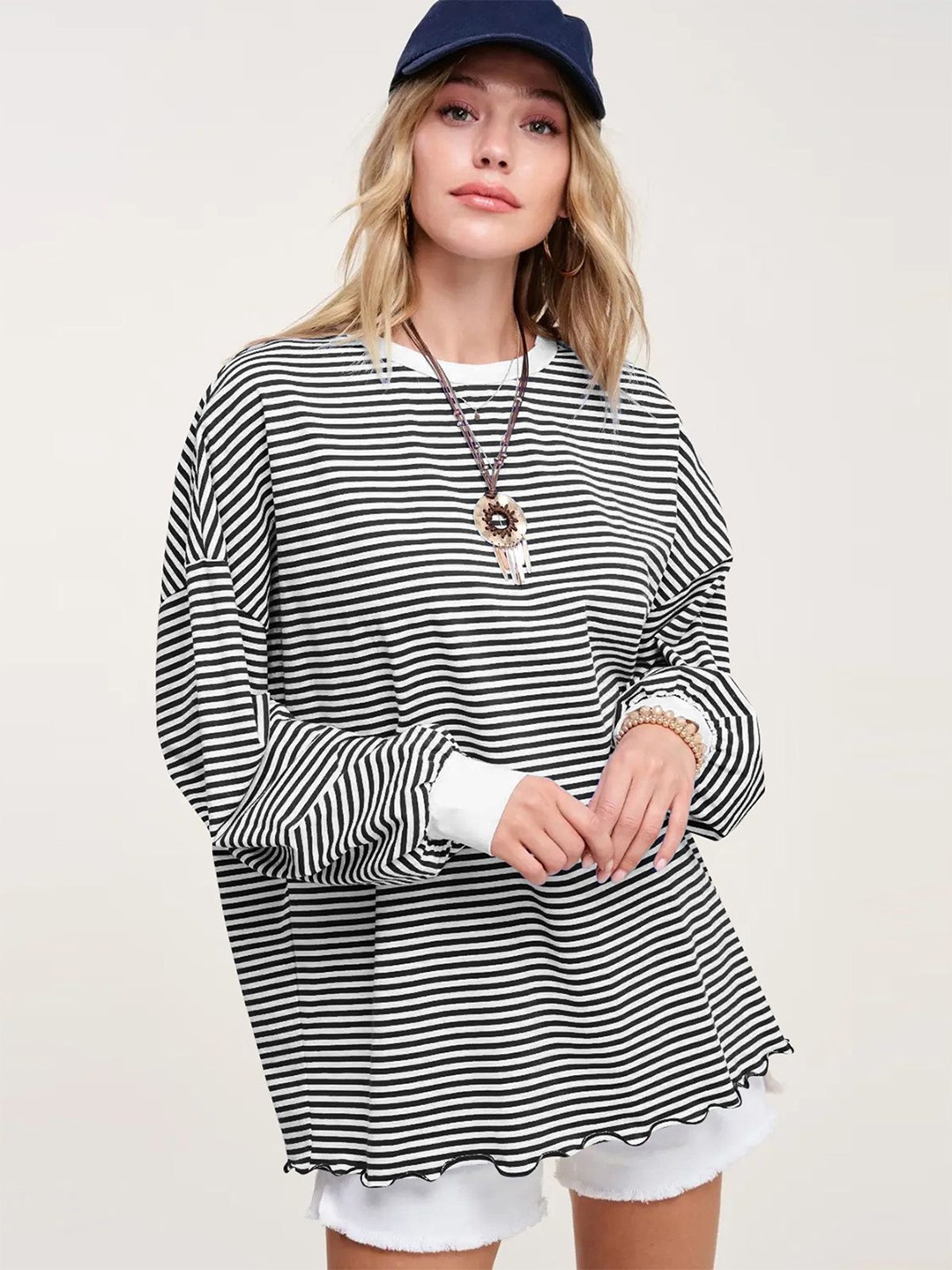 

StyleCast x Revolte Women Cuffed Sleeves Striped Top, Black