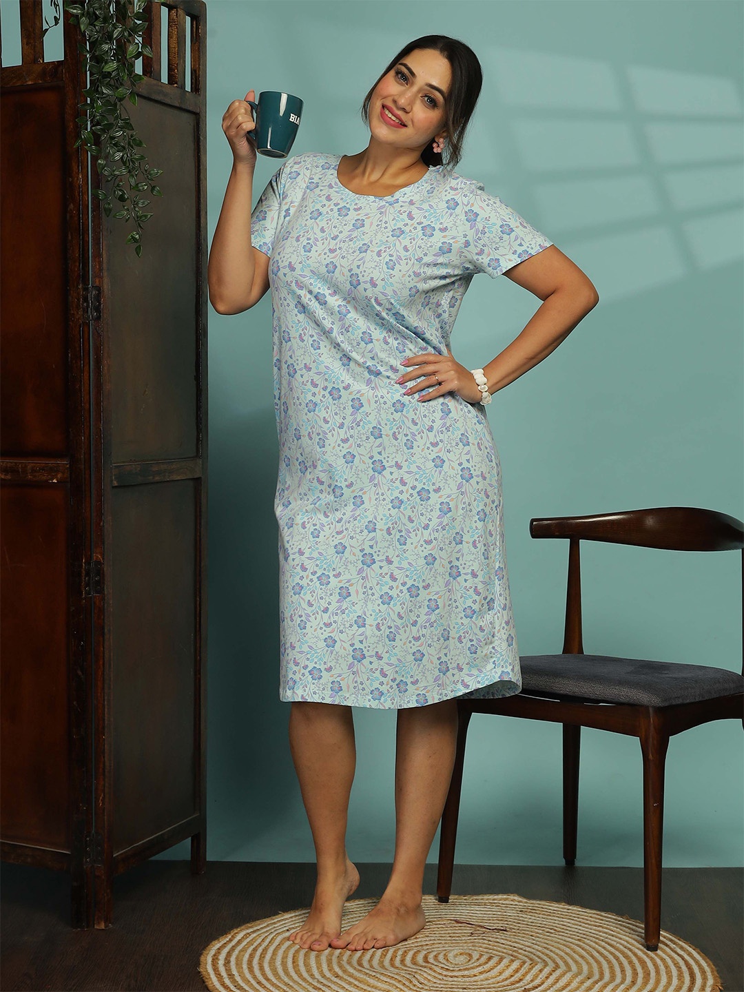 

9shines Label Women Cotton Printed Round Neck Nightdress, Blue