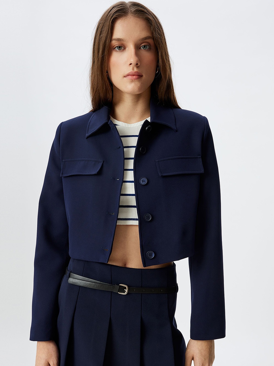 

Koton Shirt Collar Cropped Coat, Navy blue
