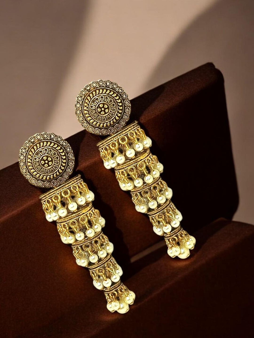 

FEMMIBELLA Gold-Plated Circular Antique Tiered Beaded Drop Earrings