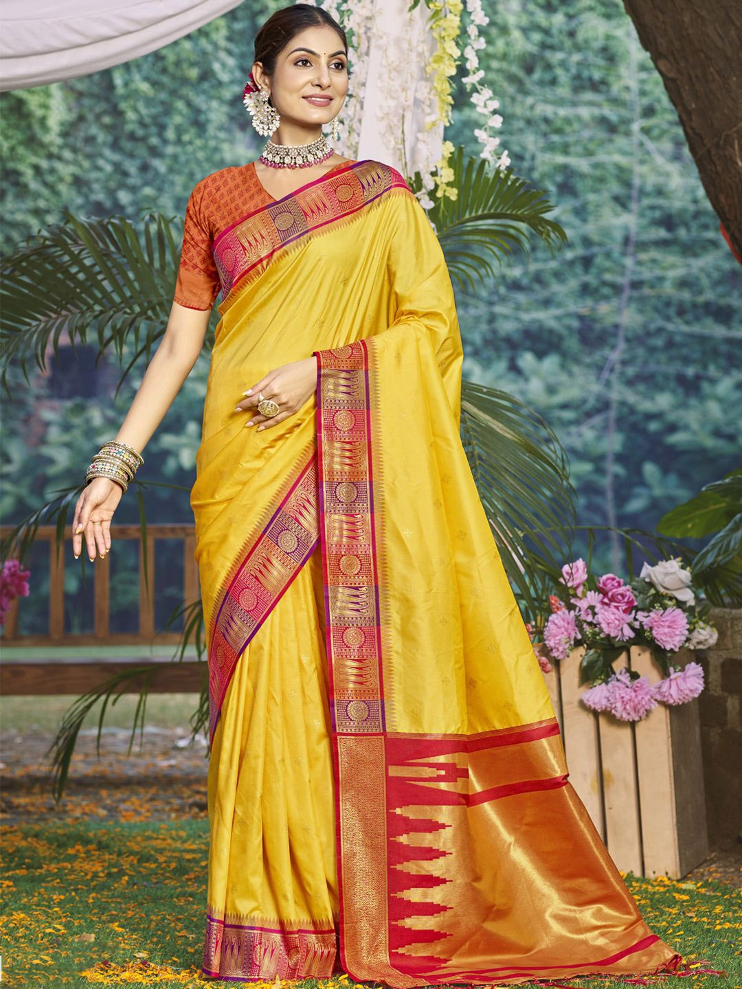 

SANGAM PRINTS Woven Design Zari Traditional Tussar Saree, Yellow