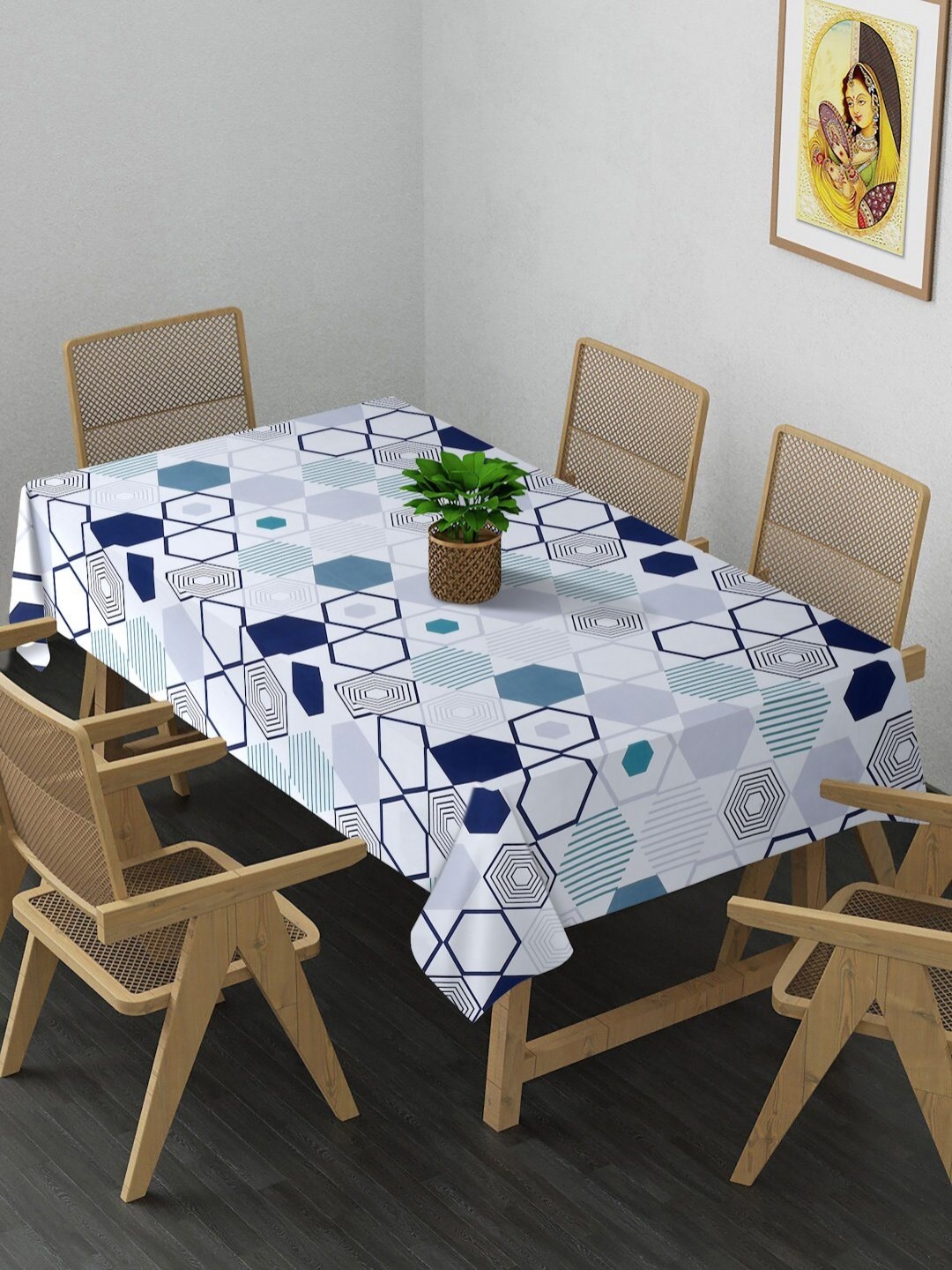 

Arrabi White & Blue Geometric Printed 8-Seater Table Cover