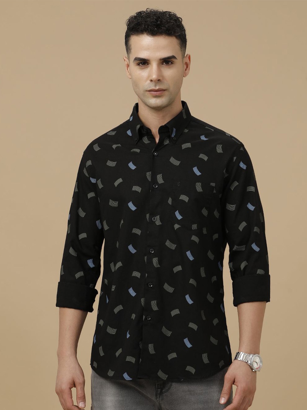 

CAVALLO by Linen Club Contemporary Slim Fit Geometric Printed Casual Shirt, Black