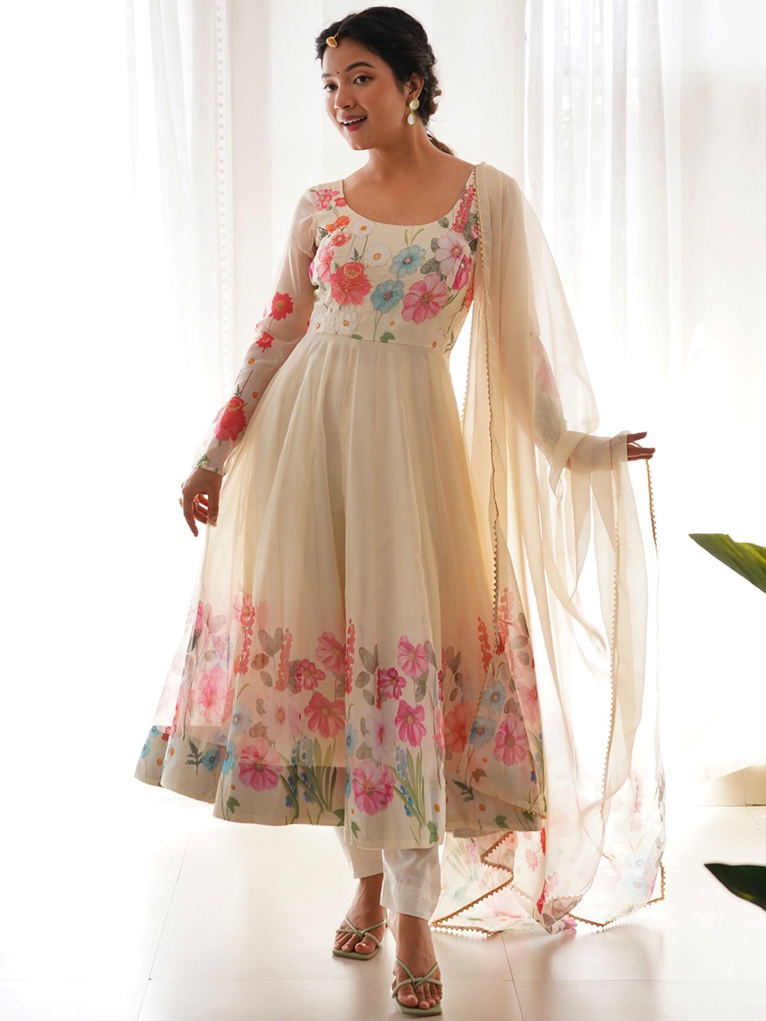 

KALINI Floral Printed Anarkali Kurta with Trousers & Dupatta, Off white