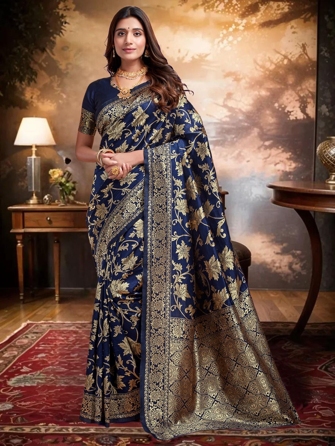 

KALINI Ethnic Motifs Zari Woven Design Pure Silk Banarasi Saree, Blue