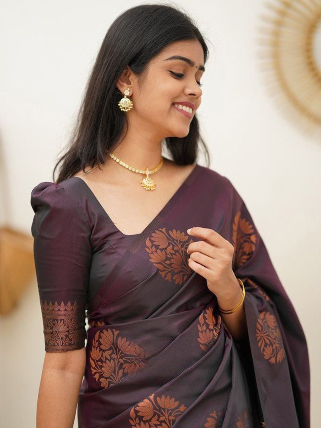 

Areca Designer Floral Woven Design Pure Silk Banarasi Saree, Purple