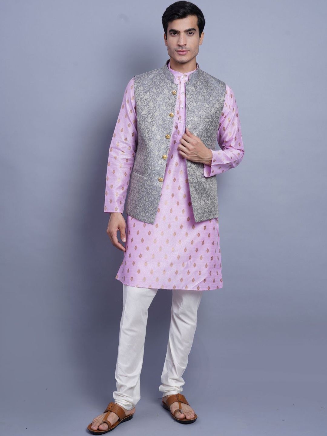 

Wintage Ethnic Motifs Woven Design Cotton Silk Straight Kurta with Pyjamas & Nehru Jacket, Pink