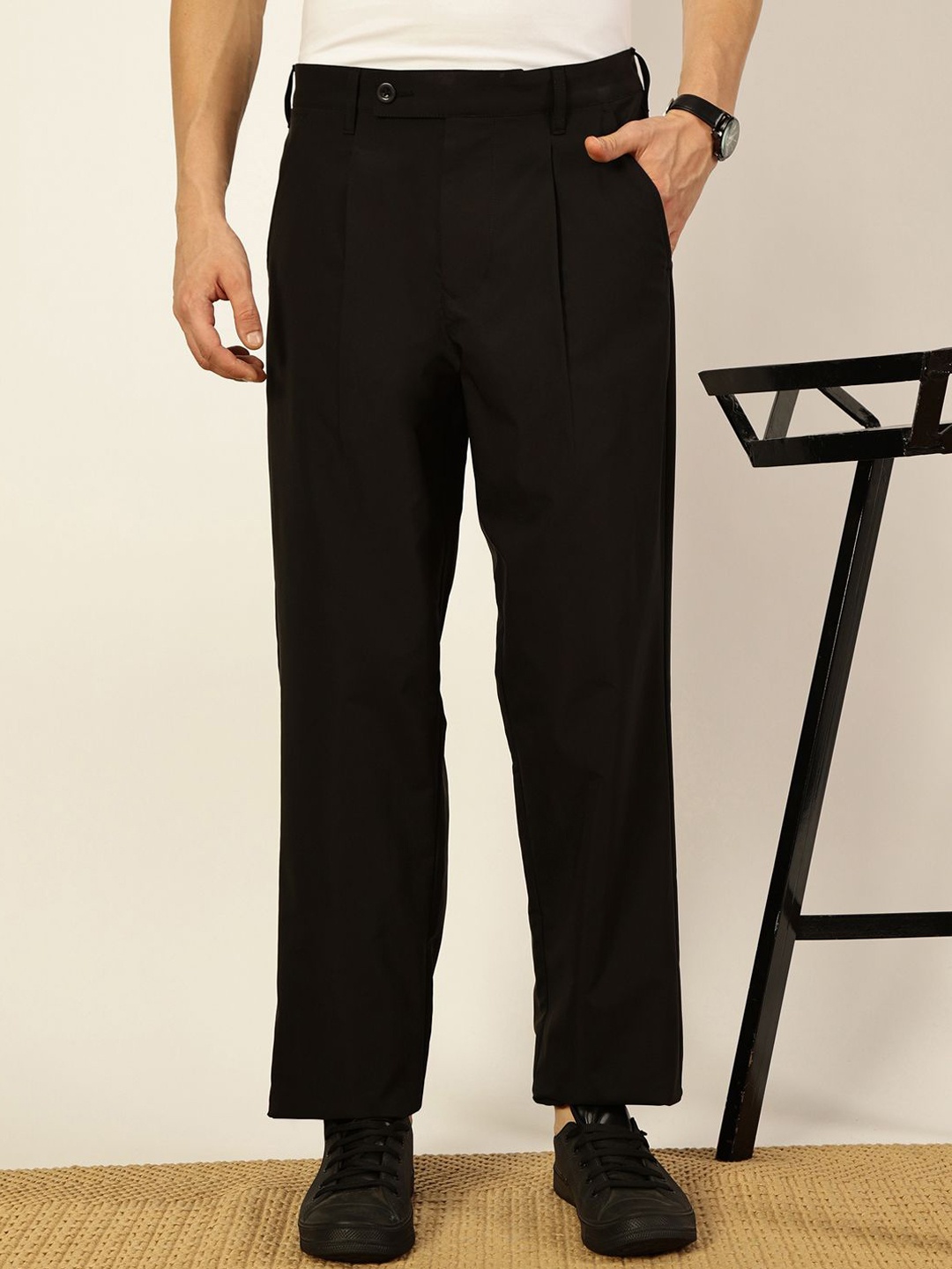 

Thomas Scott Men Mid-Rise Regular Fit Smart Pleated Trousers Korean Pant, Black