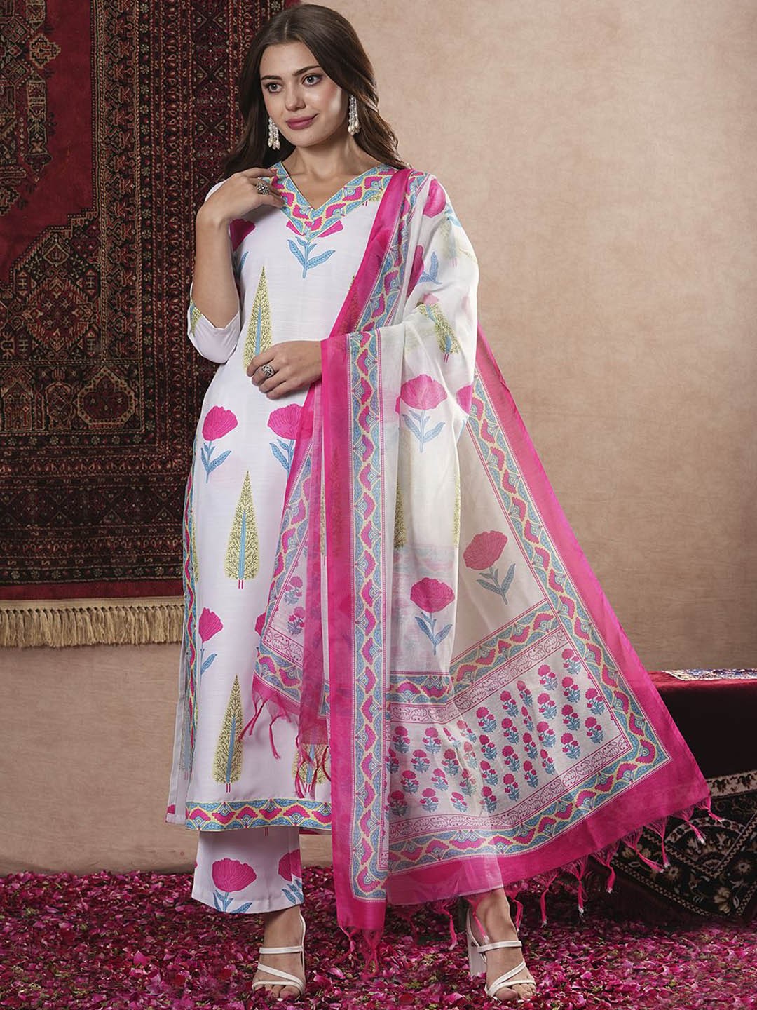

Anni Designer Floral Printed Regular Straight Kurta with Palazzos & Dupatta, White