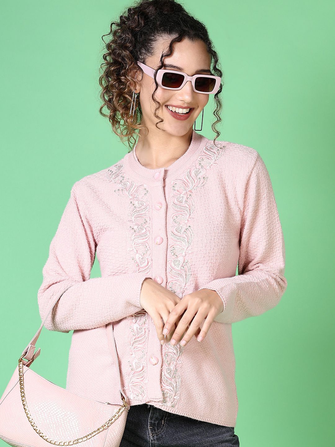 

V-Mart Women Self Design Round Neck Cardigan, Pink